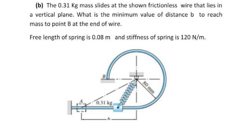 (b) The 0.31 Kg mass slides at the shown frictionless wire that lies in
a vertical plane. What is the minimum value of distance b to reach
mass to point B at the end of wire.
Free length of spring is 0.08 m and stiffness of spring is 120 N/m.
B
0.31 kg
80 mm
