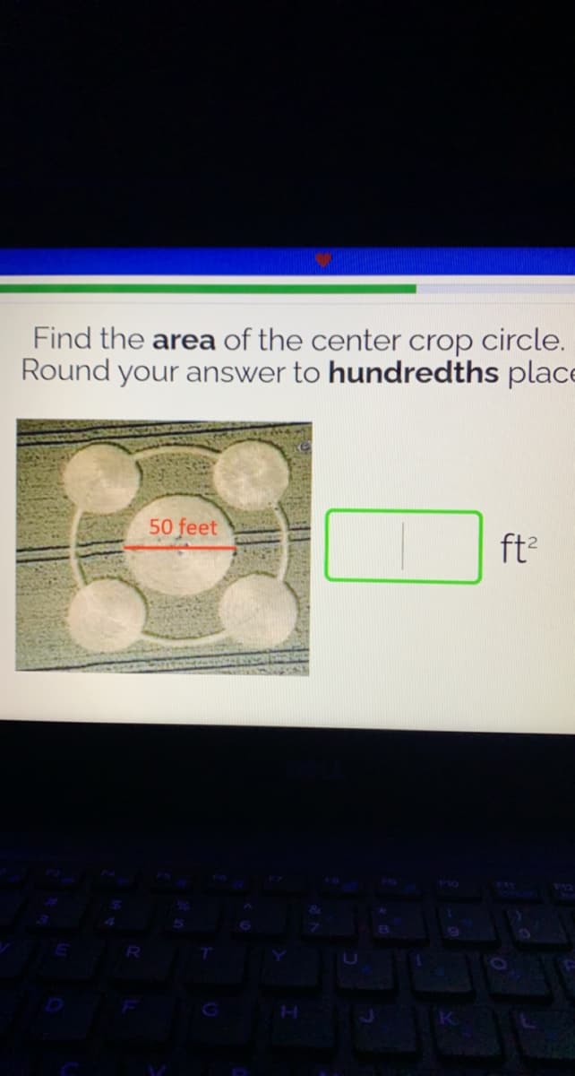 Find the area of the center crop circle.
Round your answer to hundredths place
50 feet
ft?
