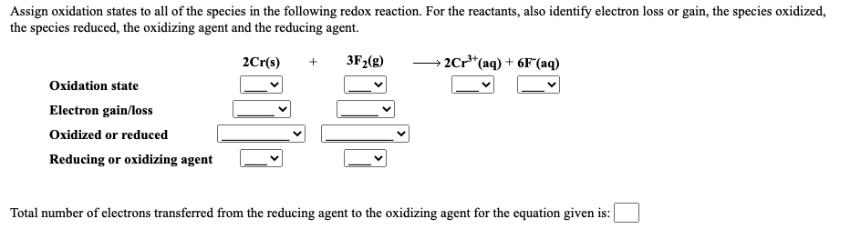 Assign oxidation states to all of the species in the following redox reaction. For the reactants, also identify electron loss or gain, the species oxidized,
the species reduced, the oxidizing agent and the reducing agent.
2Cr(s)
3F2(g)
2Cr*(aq) + 6F°(aq)
Oxidation state
Electron gain/loss
Oxidized or reduced
Reducing or oxidizing agent
Total number of electrons transferred from the reducing agent to the oxidizing agent for the equation given is:
