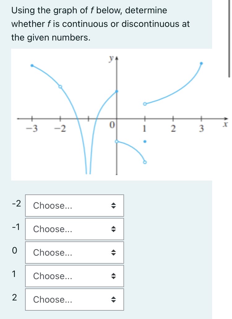 Using the graph of f below, determine
whether f is continuous or discontinuous at
the given numbers.
गो
-3 -2
0
-2 Choose...
-1
1
2
Choose...
Choose...
Choose...
Choose...
◄►
♦
◆
◆
+2
3
x