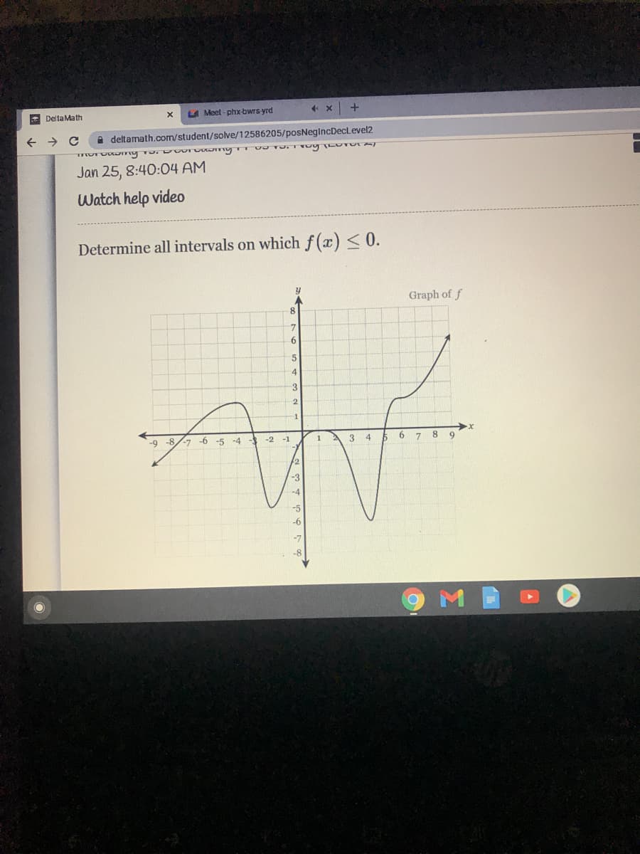 DeltaMath
LA Meet - phx-bwrs yrd
A deltamath.com/student/solve/12586205/posNegIncDecLevel2
Jan 25, 8:40:04 AM
Watch help video
Determine all intervals on which f (x) < 0.
Graph of f
8
7.
9.
5.
4
3
1
-9
-8/-7 -6 -5 -4
-2
-1
1
3 4
k 6
8 9
F2
-3
