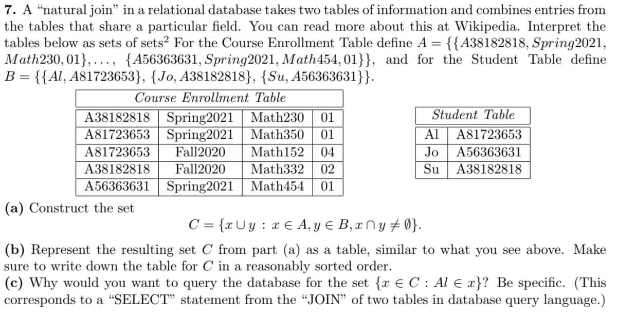 7. A “natural join" in a relational database takes two tables of information and combines entries from
the tables that share a particular field. You can read more about this at Wikipedia. Interpret the
tables below as sets of sets? For the Course Enrollment Table define A = {{A38182818, Spring2021,
Math230, 01}, ..., {A56363631, Spring2021, Math454, 01}}, and for the Student Table define
B = {{Al, A81723653}, {Jo, A38182818}, {Su, A56363631}}.
Course Enrollment Table
Student Table
A38182818 | Spring2021 | Math230 | 01
A81723653 | Spring2021 | Math350
01
Al
A81723653
A81723653
Fall2020
Math152
04
Jo
A56363631
A38182818
Fall2020
Math332
02
Su
A38182818
A56363631 | Spring2021
Math454 | 01
(a) Construct the set
C = {xUy : x € A, y E B, x N y # 0}.
(b) Represent the resulting set C from part (a) as a table, similar to what you see above. Make
sure to write down the table for C in a reasonably sorted order.
(c) Why would you want to query the database for the set {x € C : Al e x}? Be specific. (This
corresponds to a “SELECT" statement from the “JOIN" of two tables in database query language.)
