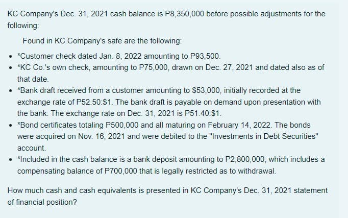 KC Company's Dec. 31, 2021 cash balance is P8,350,000 before possible adjustments for the
following:
Found in KC Company's safe are the following:
*Customer check dated Jan. 8, 2022 amounting to P93,500.
• "KC Co.'s own check, amounting to P75,000, drawn on Dec. 27, 2021 and dated also as of
that date.
• *Bank draft received from a customer amounting to $53,000, initially recorded at the
exchange rate of P52.50:$1. The bank draft is payable on demand upon presentation with
the bank. The exchange rate on Dec. 31, 2021 is P51.40:$1.
• *Bond certificates totaling P500,000 and all maturing on February 14, 2022. The bonds
were acquired on Nov. 16, 2021 and were debited to the "Investments in Debt Securities"
account.
• "Included in the cash balance is a bank deposit amounting to P2,800,000, which includes a
compensating balance of P700,000 that is legally restricted as to withdrawal.
How much cash and cash equivalents is presented in KC Company's Dec. 31, 2021 statement
of financial position?
