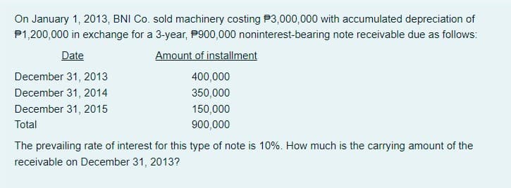 On January 1, 2013, BNI Co. sold machinery costing P3,000,000 with accumulated depreciation of
P1,200,000 in exchange for a 3-year, P900,000 noninterest-bearing note receivable due as follows:
Date
Amount of installment
December 31, 2013
400,000
December 31, 2014
350,000
December 31, 2015
150,000
Total
900,000
The prevailing rate of interest for this type of note is 10%. How much is the carrying amount of the
receivable on December 31, 2013?
