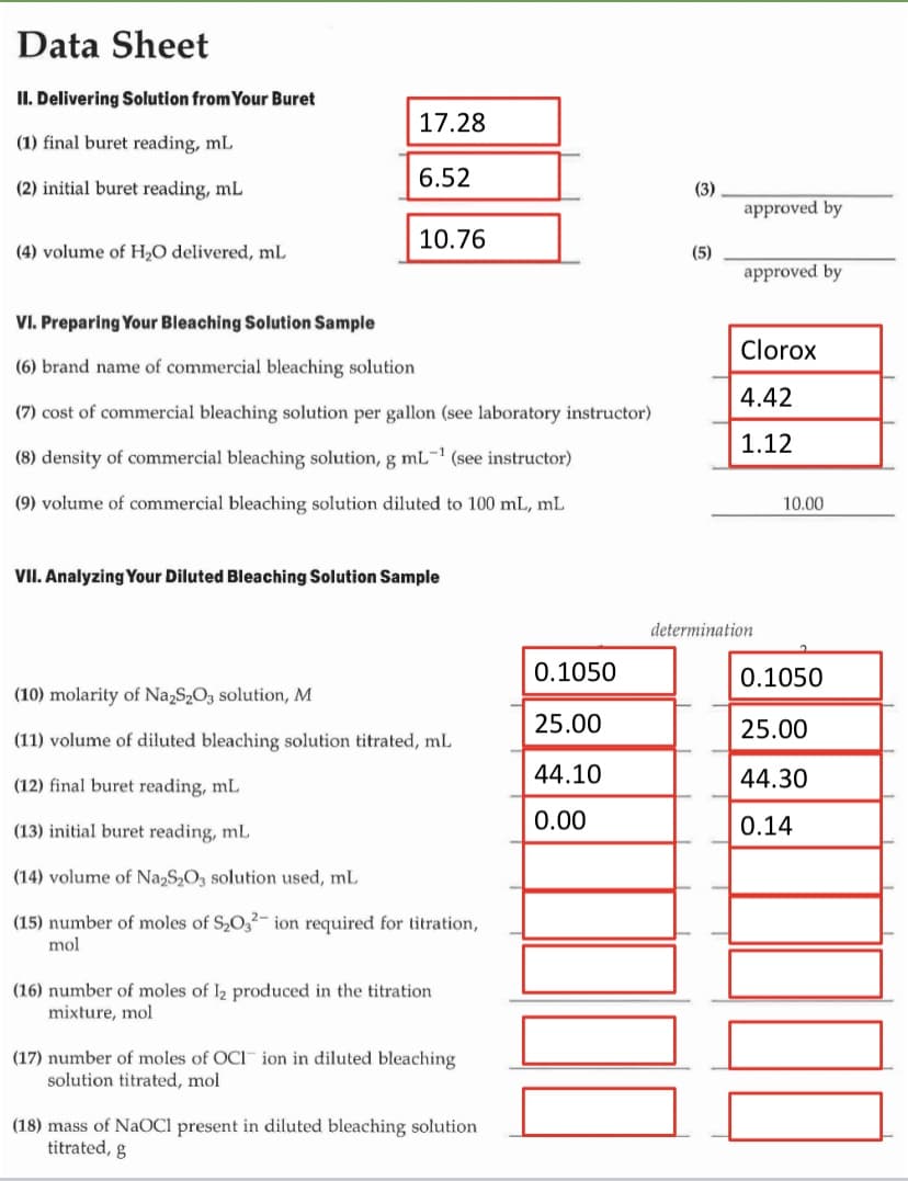 Data Sheet
II. Delivering Solution from Your Buret
17.28
(1) final buret reading, mL
6.52
(2) initial buret reading, mL
(3)
approved by
10.76
(4) volume of H2O delivered, mL
(5)
approved by
VI. Preparing Your Bleaching Solution Sample
Clorox
(6) brand name of commercial bleaching solution
4.42
(7) cost of commercial bleaching solution per gallon (see laboratory instructor)
1.12
(8) density of commercial bleaching solution, g mL- (see instructor)
(9) volume of commercial bleaching solution diluted to 100 mL, mL
10.00
VII. Analyzing Your Diluted Bleaching Solution Sample
determination
0.1050
0.1050
(10) molarity of Na,S2O3 solution, M
25.00
25.00
(11) volume of diluted bleaching solution titrated, mL
44.10
44.30
(12) final buret reading, mL
(13) initial buret reading, mL
0.00
0.14
(14) volume of Na,S2O3 solution used, mL
(15) number of moles of S,O32- ion required for titration,
mol
(16) number of moles of I2 produced in the titration
mixture, mol
(17) number of moles of OCI ion in diluted bleaching
solution titrated, mol
(18) mass of NaOCl present in diluted bleaching solution
titrated, g
