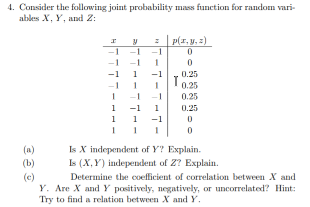 4. Consider the following joint probability mass function for random vari-
ables X, Y, and Z:
p(x, y, z)
-1
-1
-1
-1
-1
1
-1
1
-1
0.25
I
I 0.25
-1
1
1
1
-1
-1
0.25
1
-1
1
0.25
1
1
-1
1
1
1
Is X independent of Y? Explain.
Is (X,Y) independent of Z? Explain.
(a)
(b)
(c)
Y. Are X and Y positively, negatively, or uncorrelated? Hint:
Try to find a relation between X and Y.
Determine the coefficient of correlation between X and
