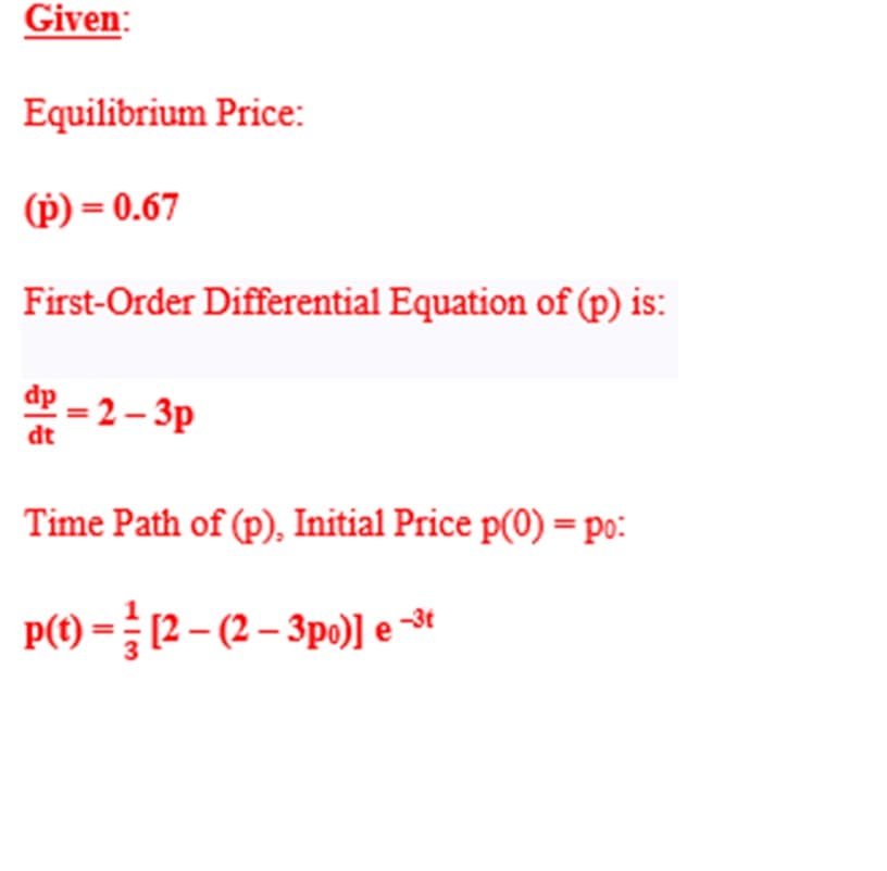 Given:
Equilibrium Price:
(p) = 0.67
First-Order Differential Equation of (p) is:
a=2-3p
Time Path of (p), Initial Price p(0) = po:
p(t)=[2-(2-3po)] e −³t