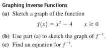 Graphing Inverse Functions
(a) Sketch a graph of the function
f(x) = x² - 4
x20
(b) Use part (a) to sketch the graph of f!.
(c) Find an equation for f.
