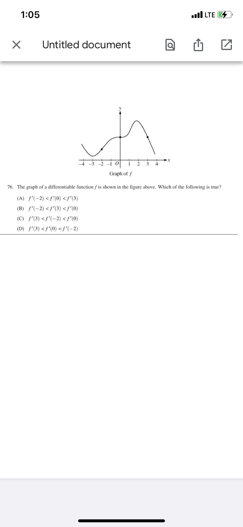 1:05
ull LTE
Untitled document
2.
Graph of ƒ
76. The graph of a differentiable function f is shown in the figure above. Which of the following is true?
(A) f'(-2) <f'(0) < f'(3)
(B) f'(-2) <f'(3) <f'(0)
(C) f'(3) <f'(-2) < f'(0)
(D) f'(3) <f'(0) <f'(-2)
