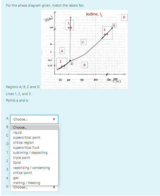 For the phase diagram given, match the labels for:
lodine, I,
D
Plabe)
C
al
B.
10 t00
150
Regions A, B, C and D
Lines 1, 2, and 3
Points a and b
A
Choose.
B
Choose.
liquid
supercritical point
critical region
supercritical fluid
1
subliming / depositing
triple point
2
Solid
3 vaporizing / condensing
critical point
a
gas
melting / freezing
b
Choose.
2.
