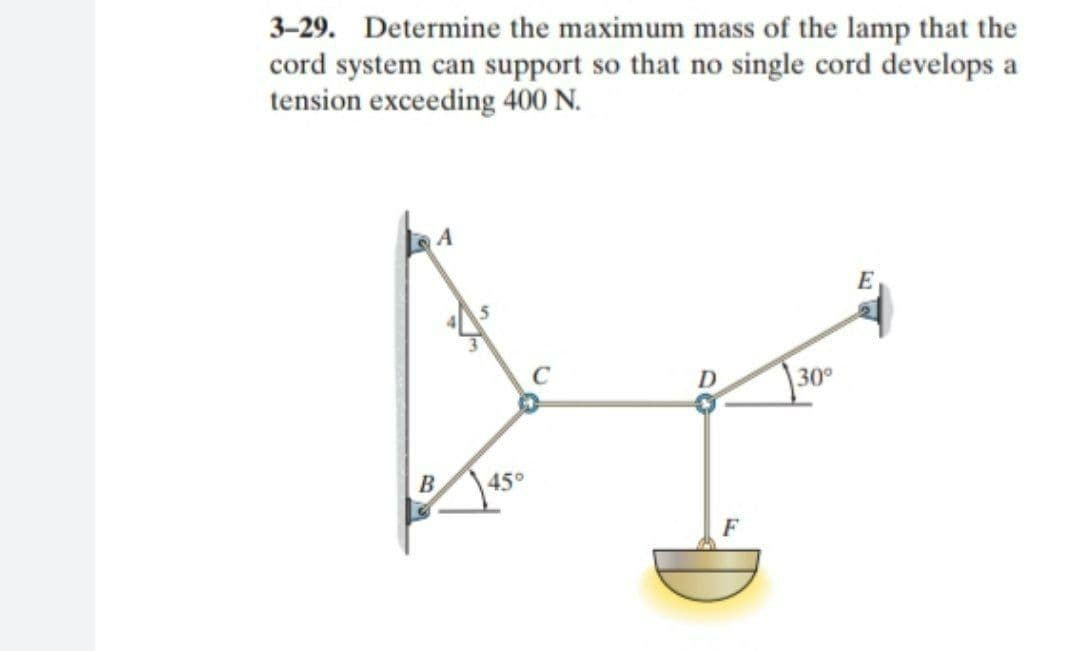 3–29. Determine the maximum mass of the lamp that the
cord system can support so that no single cord develops a
tension exceeding 400 N.
30°
45°
F
