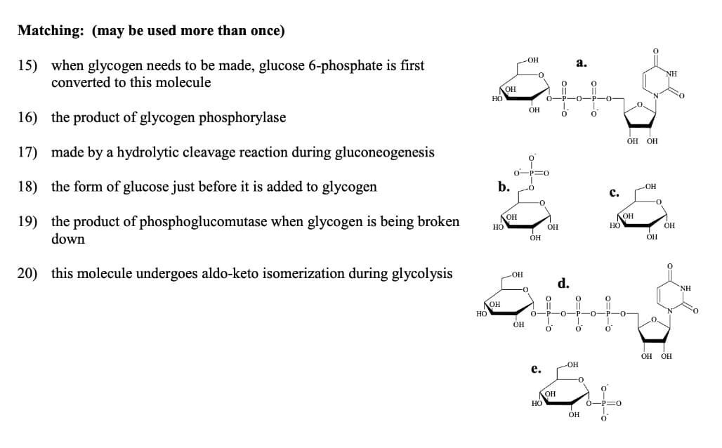 Matching: (may be used more than once)
OH
15) when glycogen needs to be made, glucose 6-phosphate is first
converted to this molecule
а.
NH
Кон
но
0-P-O
OH
16) the product of glycogen phosphorylase
OH OH
17) made by a hydrolytic cleavage reaction during gluconeogenesis
0-P=0
18) the form of glucose just before it is added to glycogen
b.
с.
OH
OH
HÓ
19) the product of phosphoglucomutase when glycogen is being broken
down
но
OH
он
OH
OH
OH
20) this molecule undergoes aldo-keto isomerization during glycolysis
-HO-
d.
NH
Но
0-P-
-0-
OH
OH
но но
OH
HO-
е.
KOH
Но
-P=0
OH
