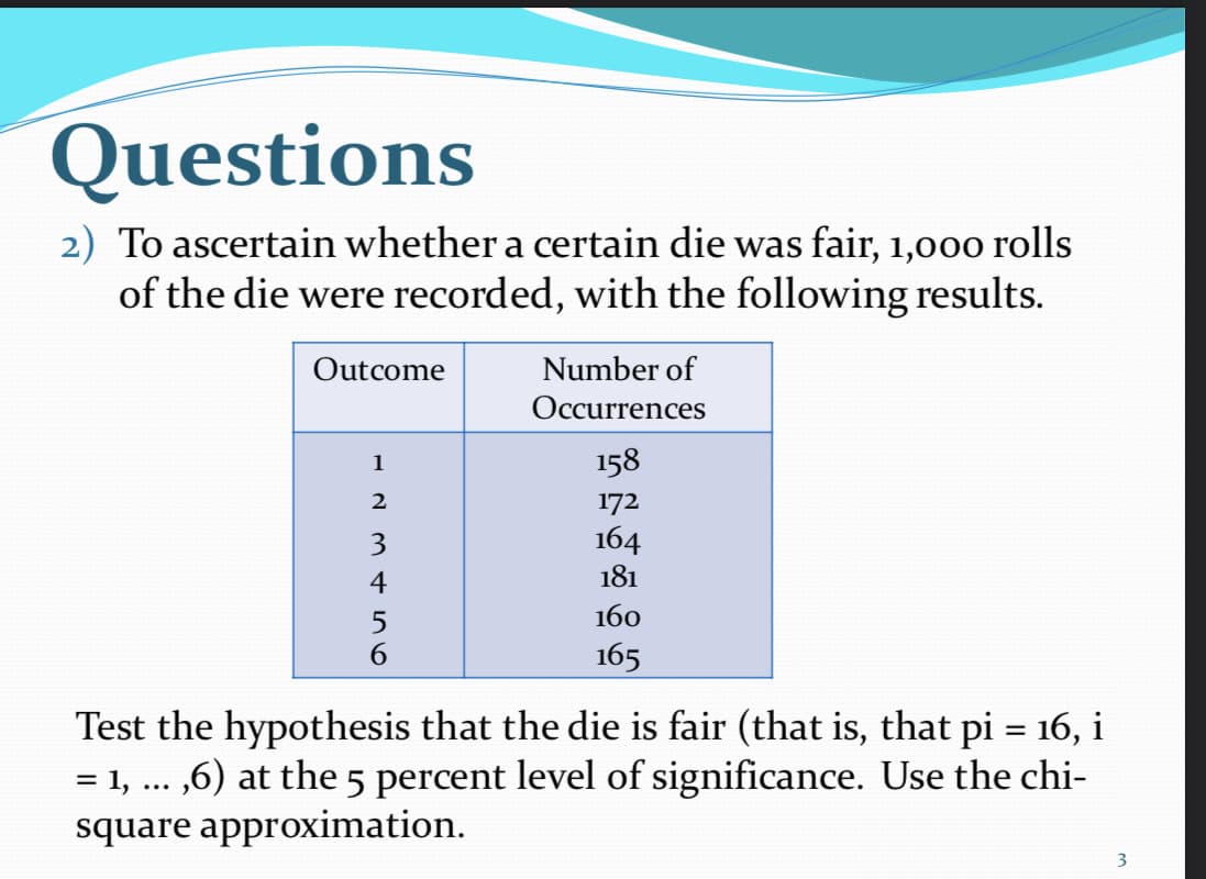 Questions
2) To ascertain whether a certain die was fair, 1,000 rolls
of the die were recorded, with the following results.
Outcome
Number of
Оссurrences
158
1
2
172
3
164
4
181
160
165
Test the hypothesis that the die is fair (that is, that pi = 16, i
= 1, ... ,6) at the 5 percent level of significance. Use the chi-
square approximation.
%3D
%D
