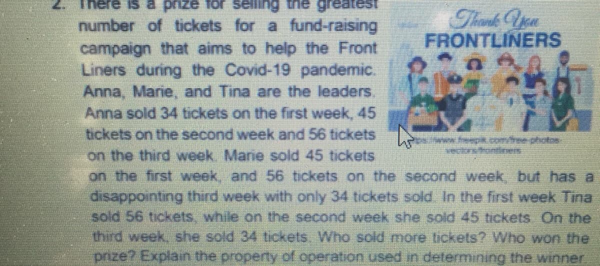 Thank rn
FRONTLINERS
number of tickets for a fund-raising
campaign that aims to help the Front
Liners during the Covid-19 pandemic.
Anna, Marie, and Tina are the leaders.
Anna sold 34 tickets on the first week, 45
tickets on the second week and 56 tickets
on the third week. Mane sold 45 tickets
on the first week, and 56 tickets on the second week but has a
disappointing third week with only 34 tickets sold In the first woek Tima
sold 56 tickets, while on the second week she sold 45 tckets On the
third week she sold 34 ickets. Who sold more tickets? Who won the
prize? Explain the property of operation used in determining the winner,
kersontine
