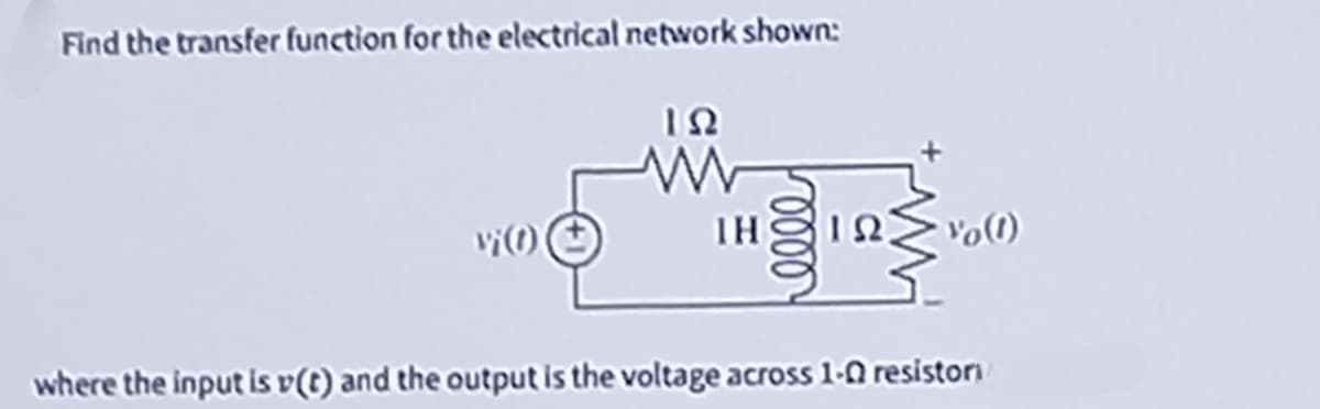 Find the transfer function for the electrical network shown:
ΤΩ
www
vi(1)
IH
Yo (1)
where the input is v(t) and the output is the voltage across 1- resistor
