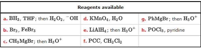 Reagents available
а. ВНз, THF; then H2O2, "ОB d. КMnO4, Н20
g. PhMgBr; then H30+
b. Br2, FeBr3
e. LIAIH4; then H30* h. POC13, pyridine
c. CH3MGB1; then H30+
f. PCC, CH2C12
