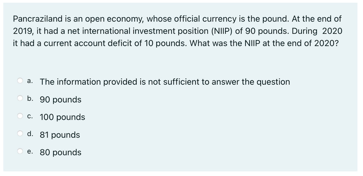 Pancraziland is an open economy, whose official currency is the pound. At the end of
2019, it had a net international investment position (NIIP) of 90 pounds. During 2020
it had a current account deficit of 10 pounds. What was the NIIP at the end of 2020?
a. The information provided is not sufficient to answer the question
b. 90 pounds
c. 100 pounds
d. 81 pounds
e. 80 pounds
