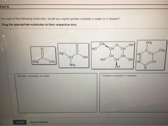 Part A
For each of the following molecules, would you expect greater solubility in water or in hexane?
Drag the appropriate molecules to their respective bins.
CH2
OH
CH3
но
CH
CH
CH3
H3C.
CH
HC
HO CH
CH
CH.,
HO
CHS
CH3
HC
CH
NH2
Greater solubility in water
Greater solubility in hexane
Submit
Request Answrer

