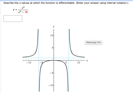 Describe the x-values at which the function is differentiable. (Enter your answer using interval notation.)
x2
y =
x2 – 36
10-
WebAssign Plot
-10
10
-10-
