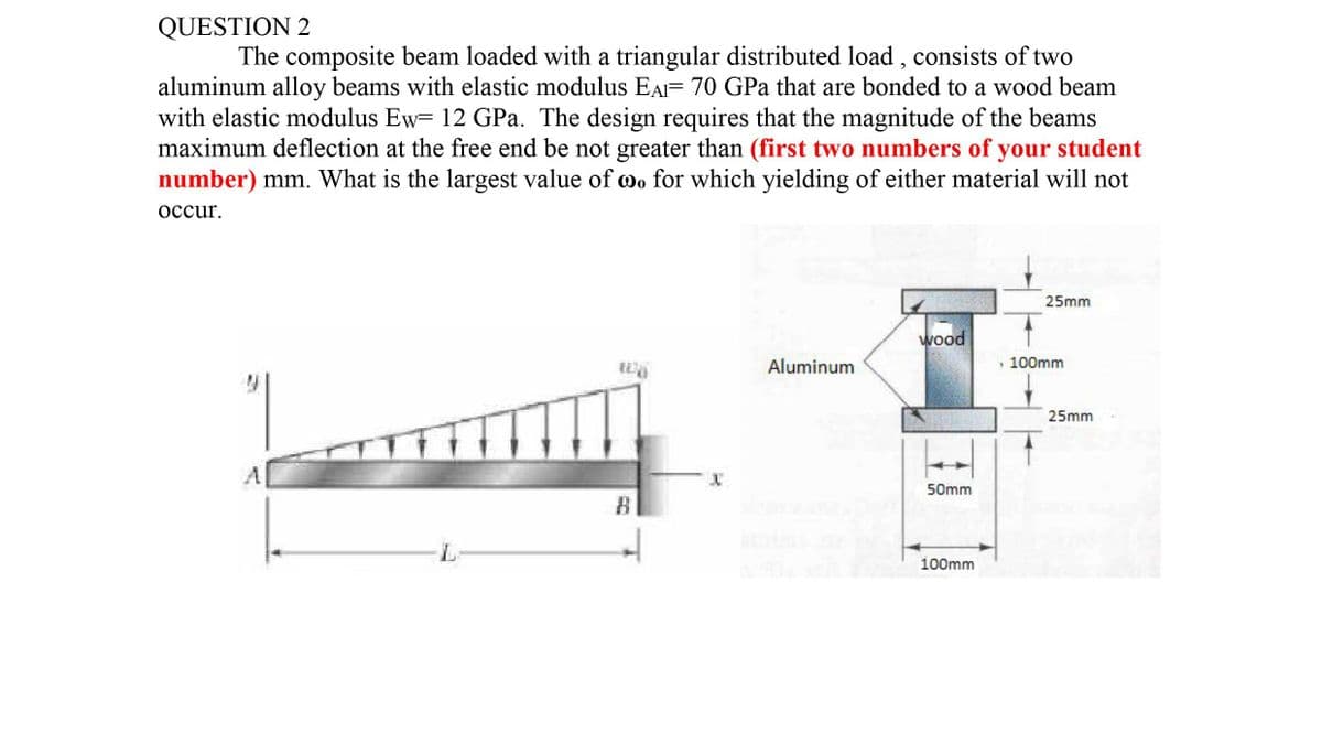 QUESTION 2
The composite beam loaded with a triangular distributed load , consists of two
aluminum alloy beams with elastic modulus EAI= 70 GPa that are bonded to a wood beam
with elastic modulus Ew= 12 GPa. The design requires that the magnitude of the beams
maximum deflection at the free end be not greater than (first two numbers of your student
number) mm. What is the largest value of wo for which yielding of either material will not
occur.
25mm
wood
Aluminum
• 100mm
25mm
50mm
B
100mm
