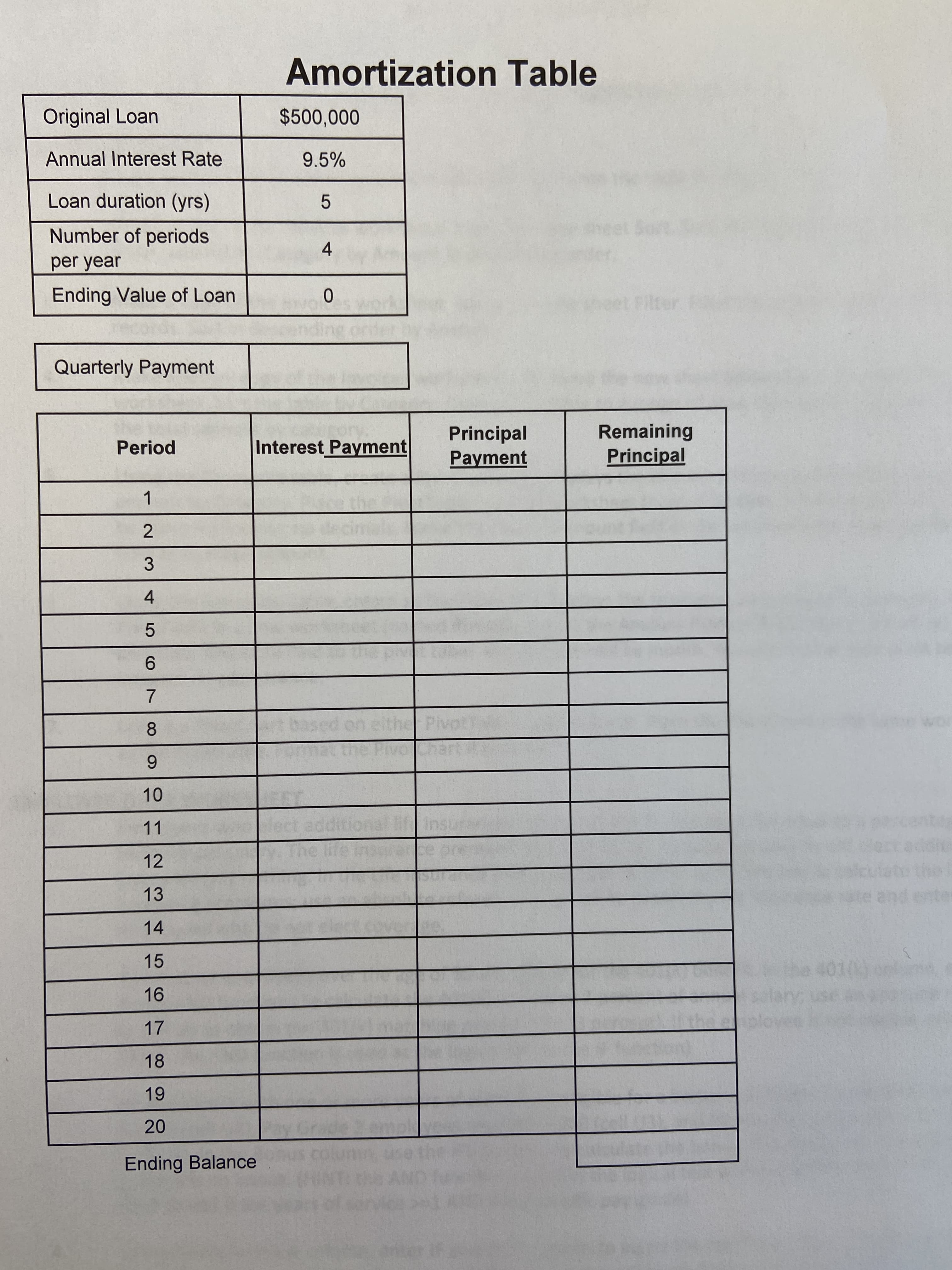 Amortization Table
Original Loan
$500,000
Annual Interest Rate
9.5%
Loan duration (yrs)
5.
Number of periods
4
per year
Ending Value of Loan
Quarterly Payment
Principal
Payment
Remaining
Principal
Period
Interest Payment
1.
3
4
5.
9.
8
11
12
13
and
14
15
17
18
20
Ending Balance
