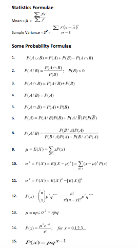 Statistics Formulae
ΣΑ
Mean. με Σ
Sample Variance = s.
Some Probability Formulae
P(AUB) = P(A) + P(B)- P(AOB)
1.
PANB)
; P(B)>0
2.
P(A B) =
PB)
3.
P(AnB) = P(A/ B)+ P(B)
4.
P(AIB) = P(A)
P(AnB) = P(A) • P(B)
5.
P(A) = PA/ B)B) + PA/B)P(P(B)
6.
P(BI A)P(A)
8.
P(A B) =
PBI A)P(A) + PMBIA)PA)
με ΕίX) Σα)
9.
a =V(X) = E[(X - ']=E(x-' P(x)
10.
a =V(X) = E(X) -[E(X)r
11.
n!
12.
P(x) =
13.
= np: o
= npq
Plx) = 'e".
14.
for x= 0,1,2,3.
15.
P(x)=pqx-
