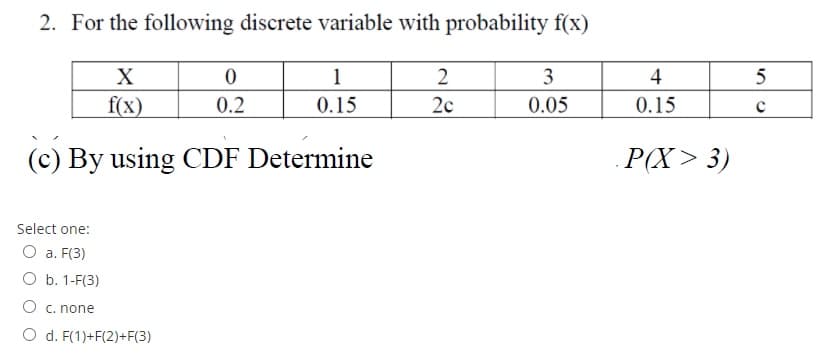 2. For the following discrete variable with probability f(x)
X
1
2
3
4
f(x)
0.2
0.15
2c
0.05
0.15
(c) By using CDF Determine
P(X> 3)
Select one:
O a. F(3)
O b. 1-F(3)
O c. none
O d. F(1)+F(2)+F(3)
