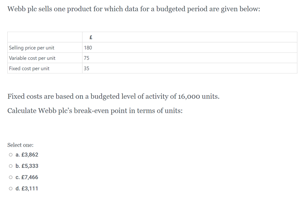Webb plc sells one product for which data for a budgeted period are given below:
£
Selling price per unit
180
Variable cost per unit
75
Fixed cost per unit
35
Fixed costs are based on a budgeted level of activity of 16,000 units.
Calculate Webb plc's break-even point in terms of units:
Select one:
O a. £3,862
o b. £5,333
O c. £7,466
o d. £3,111
