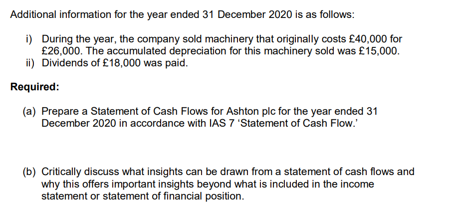 Additional information for the year ended 31 December 2020 is as follows:
i) During the year, the company sold machinery that originally costs £40,000 for
£26,000. The accumulated depreciation for this machinery sold was £15,000.
ii) Dividends of £18,000 was paid.
Required:
(a) Prepare a Statement of Cash Flows for Ashton plc for the year ended 31
December 2020 in accordance with IAS 7 'Statement of Cash Flow.'
(b) Critically discuss what insights can be drawn from a statement of cash flows and
why this offers important insights beyond what is included in the income
statement or statement of financial position.
