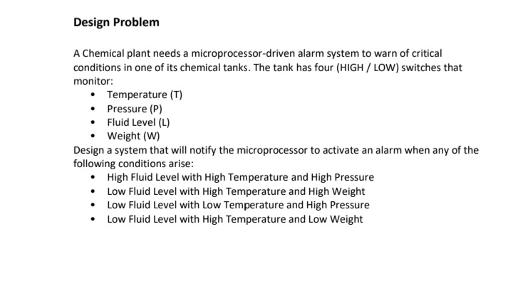 Design Problem
A Chemical plant needs a microprocessor-driven alarm system to warn of critical
conditions in one of its chemical tanks. The tank has four (HIGH / LOW) switches that
monitor:
• Temperature (T)
• Pressure (P)
• Fluid Level (L)
• Weight (W)
Design a system that will notify the microprocessor to activate an alarm when any of the
following conditions arise:
• High Fluid Level with High Temperature and High Pressure
• Low Fluid Level with High Temperature and High Weight
• Low Fluid Level with Low Temperature and High Pressure
• Low Fluid Level with High Temperature and Low Weight
