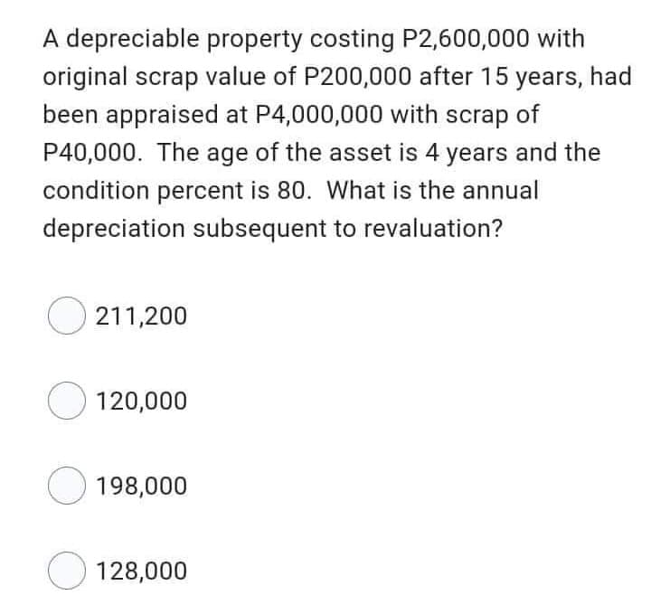 A depreciable property costing P2,600,000 with
original scrap value of P200,000 after 15 years, had
been appraised at P4,000,000 with scrap of
P40,000. The age of the asset is 4 years and the
condition percent is 80. What is the annual
depreciation subsequent to revaluation?
211,200
120,000
198,000
128,000