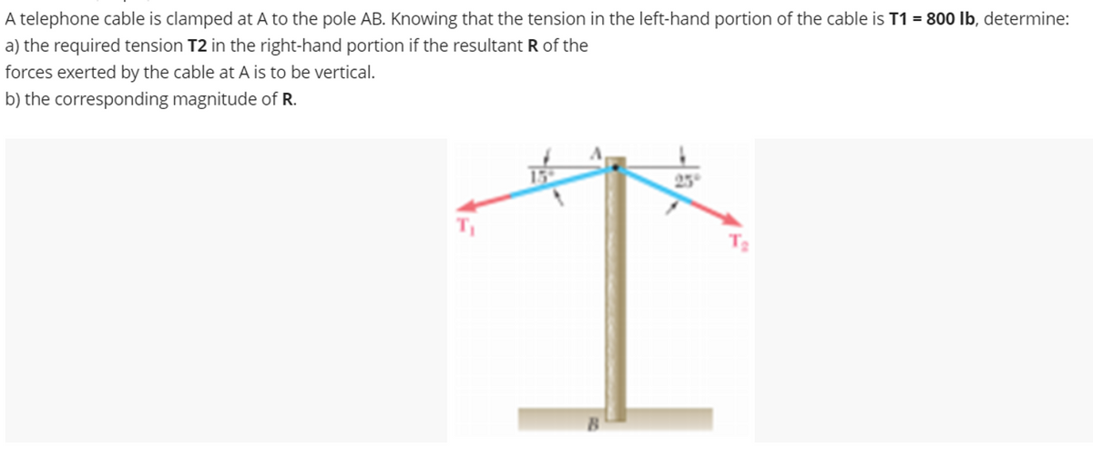 A telephone cable is clamped at A to the pole AB. Knowing that the tension in the left-hand portion of the cable is T1 = 800 Ib, determine:
a) the required tension T2 in the right-hand portion if the resultant R of the
forces exerted by the cable at A is to be vertical.
b) the corresponding magnitude of R.
25
T
