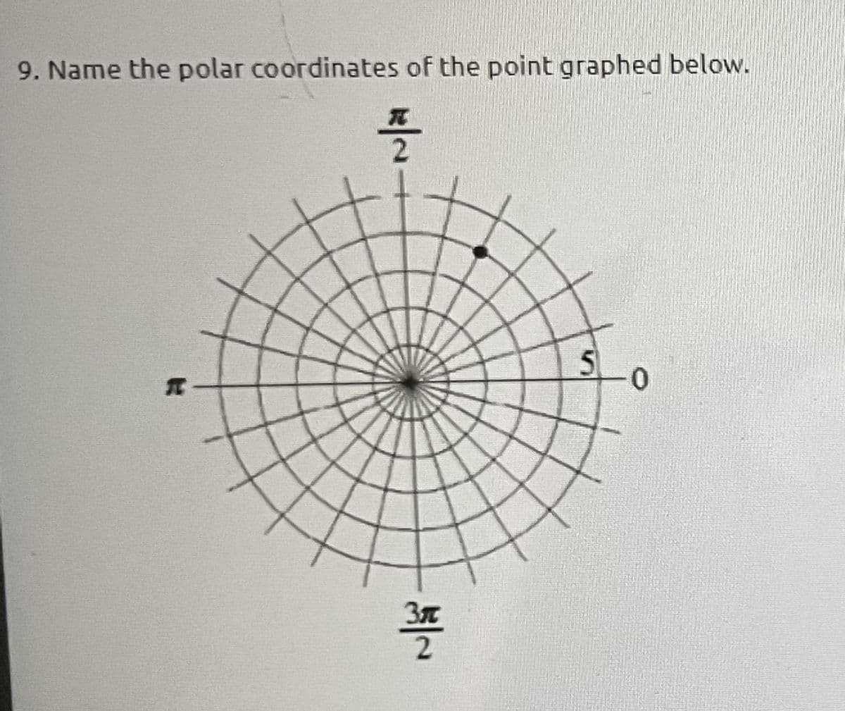 9. Name the polar coordinates of the point graphed below.
플
S -0
쫄