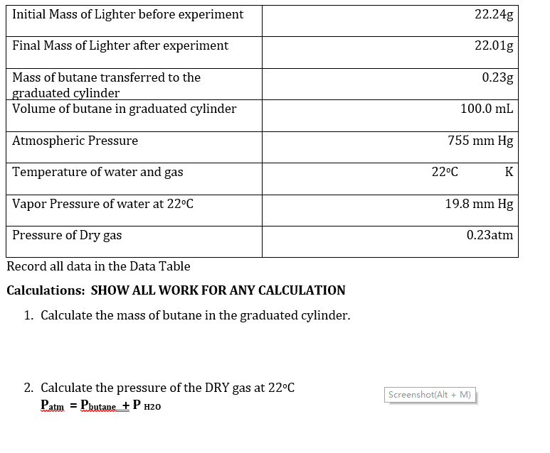 Initial Mass of Lighter before experiment
22.24g
Final Mass of Lighter after experiment
22.01g
Mass of butane transferred to the
0.23g
graduated cylinder
Volume of butane in graduated cylinder
100.0 mL
Atmospheric Pressure
755 mm Hg
Temperature of water and gas
22°C
K
Vapor Pressure of water at 22°C
19.8 mm Hg
Pressure of Dry gas
0.23atm
Record all data in the Data Table
Calculations: SHOW ALL WORK FOR ANY CALCULATION
1. Calculate the mass of butane in the graduated cylinder.
2. Calculate the pressure of the DRY gas at 22°C
Screenshot(Alt + M)
Patm = Phutane +P H20
