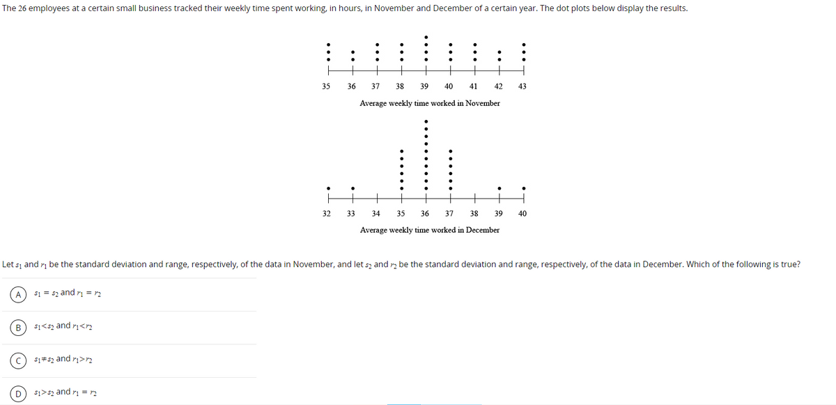 The 26 employees at a certain small business tracked their weekly time spent working, in hours, in November and December of a certain year. The dot plots below display the results.
35
36
37
38
39
40
41
42
43
Average weekly time worked in November
32
33
34
35
36
37
38
39
40
Average weekly time worked in December
Let s, and r, be the standard deviation and range, respectively, of the data in November, and let s, and r, be the standard deviation and range, respectively, of the data in December. Which of the following is true?
A
s1 = s2 and ri = r2
B
s1<s2 and ri<r2
s1#s2 and r1>r2
si>s2 and ri = r2
