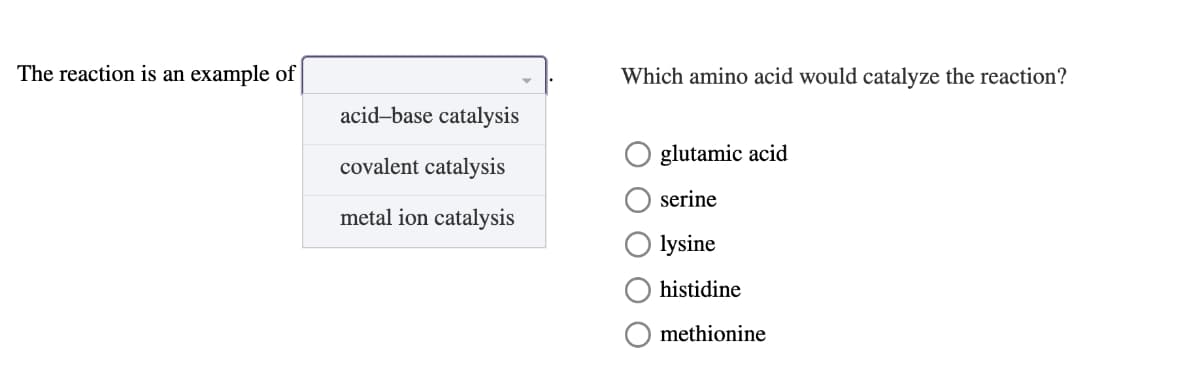 The reaction is an example of
Which amino acid would catalyze the reaction?
acid-base catalysis
covalent catalysis
glutamic acid
serine
metal ion catalysis
lysine
histidine
methionine
