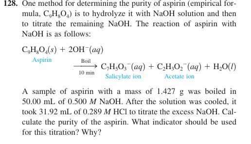 128. One method for determining the purity of aspirin (empirical for-
mula, C,H,O,) is to hydrolyze it with NaOH solution and then
to titrate the remaining NaOH. The reaction of aspirin with
NaOH is as follows:
C,H,O,(s) + 20H (aq)
Aspirin
Boil
C;H;O; (ag) + C,H,O, (aq) + H,0(1)
Salicylate ion
10 min
Acetate ion
A sample of aspirin with a mass of 1.427 g was boiled in
50.00 mL of 0.500 M NaOH. After the solution was cooled, it
took 31.92 mL of 0.289 M HCl to titrate the excess NaOH. Cal-
culate the purity of the aspirin. What indicator should be used
for this titration? Why?
