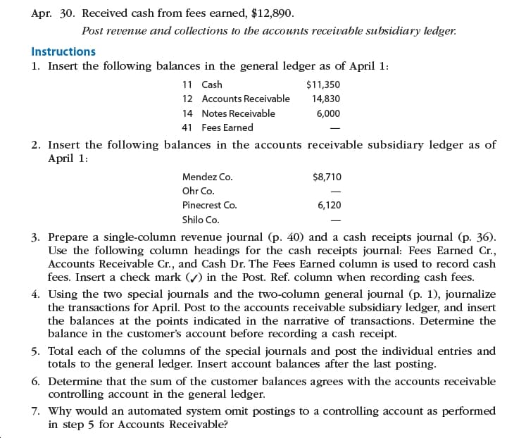 Apr. 30. Received cash from fees earned, $12,890.
Post revenue and collections to the accounts receivable subsidiary ledger.
Instructions
1. Insert the following balances in the general ledger as of April 1:
11 Cash
$11,350
12 Accounts Receivable
14,830
14 Notes Receivable
6,000
41 Fees Earned
2. Insert the following balances in the accounts receivable subsidiary ledger as of
April 1:
Mendez Co.
$8,710
Ohr Co.
6,120
Pinecrest Co.
Shilo Co.
3. Prepare a single-column revenue journal (p. 40) and a cash receipts journal (p. 36).
Use the following column headings for the cash receipts journal: Fees Earned Cr.,
Accounts Receivable Cr., and Cash Dr. The Fees Earned column is used to record cash
fees. Insert a check mark () in the Post. Ref. column when recording cash fees.
4. Using the two special journals and the two-column general journal (p. 1), journalize
the transactions for April. Post to the accounts receivable subsidiary ledger, and insert
the balances at the points indicated in the narrative of transactions. Determine the
balance in the customer's account before recording a cash receipt.
5. Total each of the columns of the special journals and post the individual entries and
totals to the general ledger. Insert account balances after the last posting.
6. Determine that the sum of the customer balances agrees with the accounts receivable
controlling account in the general ledger.
7. Why would an automated system omit postings to a controlling account as performed
in step 5 for Accounts Receivable?
