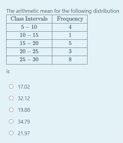 The arithmetic mean for the following distribution
Class Intervals
Frequency
5 – 10
4
10 – 15
1
15 – 20
5
20 – 25
25 – 30
8
is
O 17.02
O 32.12
O 19.88
O 34.79
O 21.97
