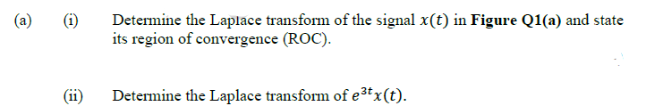 (a)
(i)
Determine the Laplace transform of the signal x(t) in Figure Q1(a) and state
its region of convergence (ROC).
(ii)
Determine the Laplace transform of e3tx(t).
