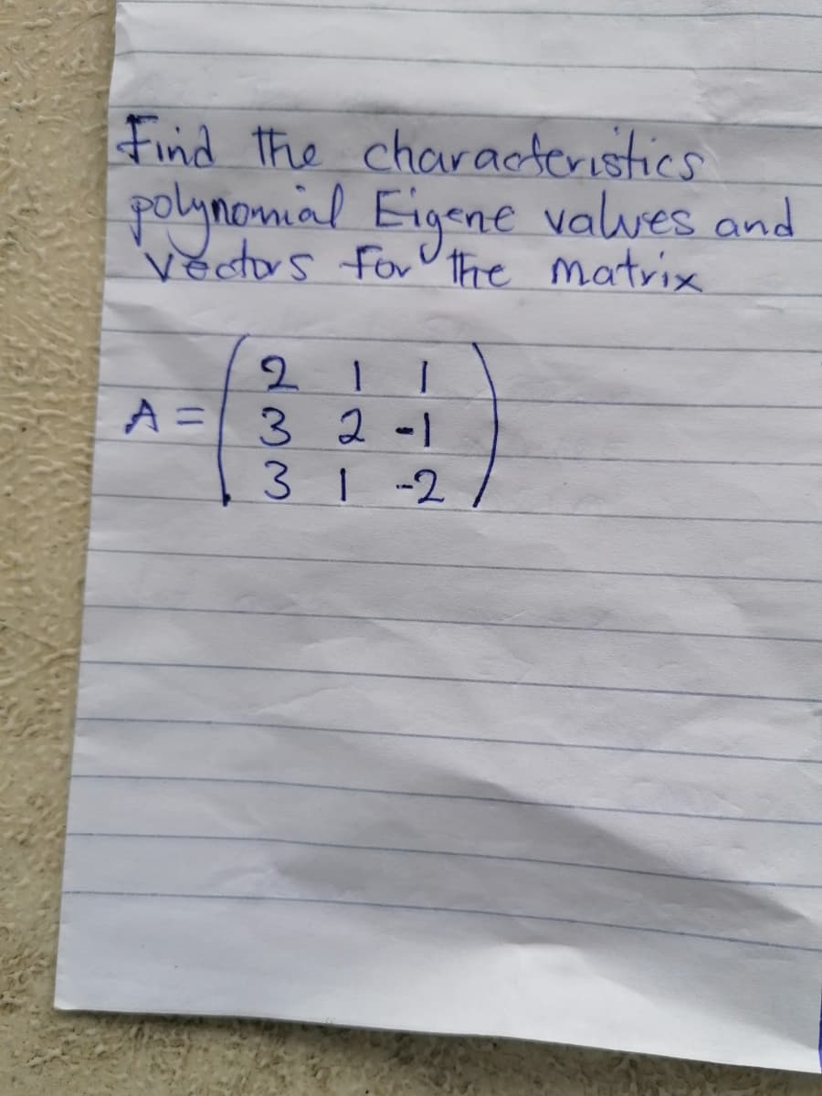 Find the characteristics
polynomial Eigene valwes and
vectors forU the matrix
2.
A = 3 2 -1
31 -2
1.
