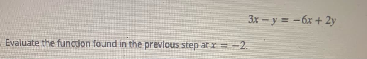 3x - y = -6x + 2y
E Evaluate the function found in the previous step at x = -2.
