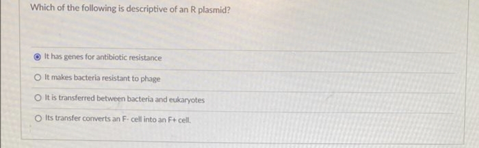 Which of the following is descriptive of an R plasmid?
It has genes for antibiotic resistance
It makes bacteria resistant to phage
O It is transferred between bacteria and eukaryotes
O Its transfer converts an F-cell into an F+ cell.