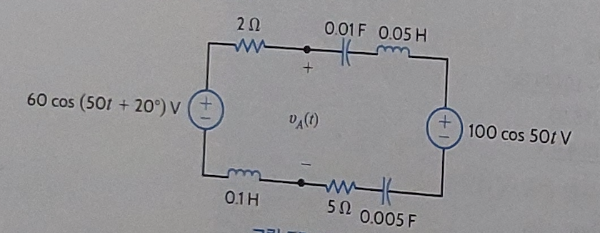 60 cos (501 + 20°) V
2Ω
ww
0.1 H
SE
+
DA(1)
0.01F 0.05 H
www
5Ω
0.005 F
100 cos 50t V