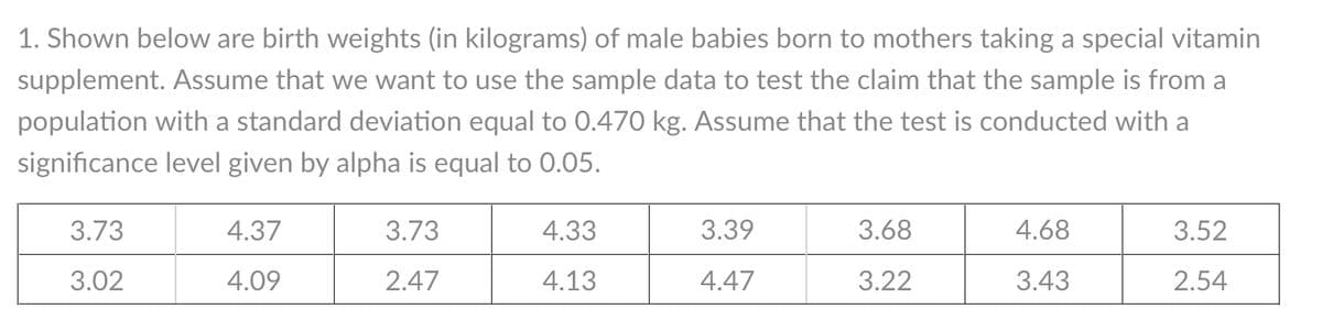 1. Shown below are birth weights (in kilograms) of male babies born to mothers taking a special vitamin
supplement. Assume that we want to use the sample data to test the claim that the sample is from a
population with a standard deviation equal to 0.470 kg. Assume that the test is conducted with a
significance level given by alpha is equal to 0.05.
3.73
4.37
3.73
4.33
3.39
3.68
4.68
3.52
3.02
4.09
2.47
4.13
4.47
3.22
3.43
2.54
