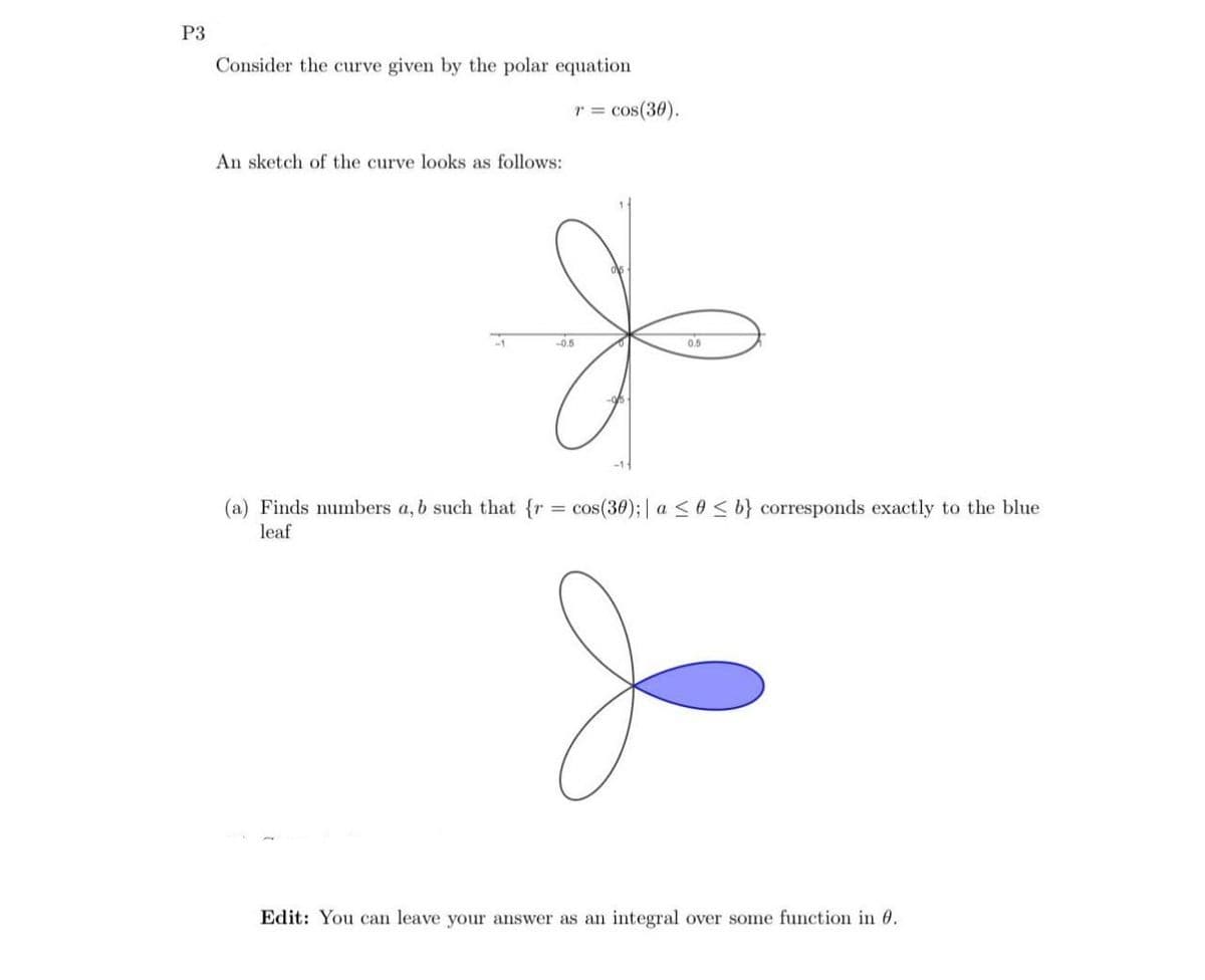 P3
Consider the curve given by the polar equation
An sketch of the curve looks as follows:
(a) Finds numbers a, b such that {r
leaf
r = cos(30).
-0.5
0.5
=
= cos(30); a ≤ 0 ≤ b} corresponds exactly to the blue
Edit: You can leave your answer as an integral over some function in 8.