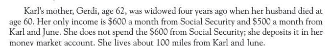 Karl's mother, Gerdi, age 62, was widowed four years ago when her husband died at
age 60. Her only income is $600 a month from Social Security and $500 a month from
Karl and June. She does not spend the $600 from Social Security; she deposits it in her
money market account. She lives about 100 miles from Karl and June.