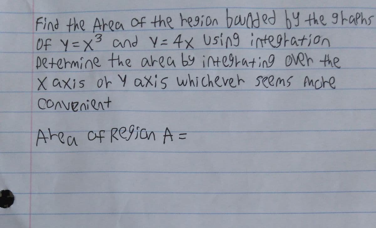 Find the Area Of the hegion baundedy the ghaphs
Of y=x3 and Y 4x Using iteation
Determine the area by interating oven the
X axis or Y axis whicheveh seems Anche
Xaxis
COnvenient
Area of Region A=
%3D
