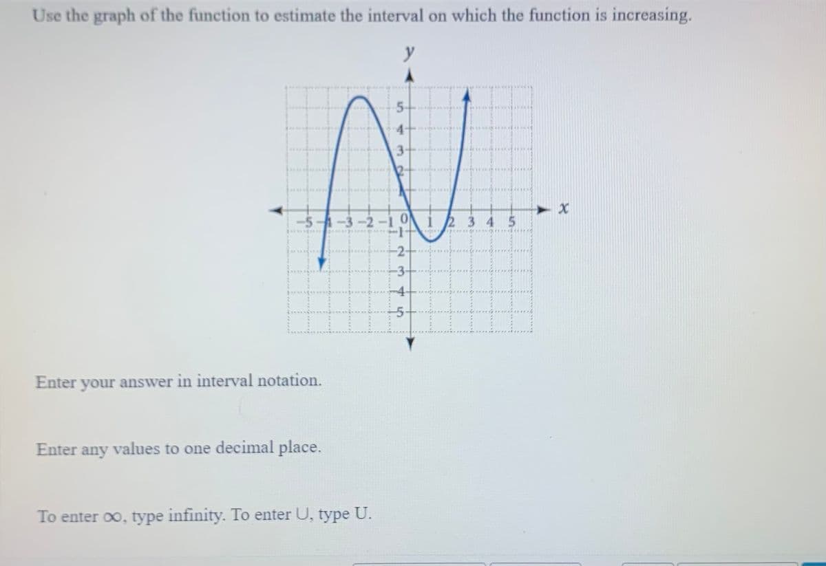 Use the graph of the function to estimate the interval on which the function is increasing.
y
H
Enter your answer in interval notation.
-5--3-2-1 0 1 2 3 4 5
***
Enter any values to one decimal place.
I
To enter ∞, type infinity. To enter U, type U.
5-
4
3
-2-
-3-
0 (0)
5
X