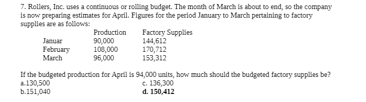 7. Rollers, Inc. uses a continuous or rolling budget. The month of March is about to end, so the company
is now preparing estimates for April. Figures for the period January to March pertaining to factory
supplies are as follows:
Production
90,000
108,000
96,000
Factory Supplies
144,612
170,712
153,312
Januar
February
March
If the budgeted production for April is 94,000 units, how much should the budgeted factory supplies be?
a.130,500
b.151,040
c. 136,300
d. 150,412
